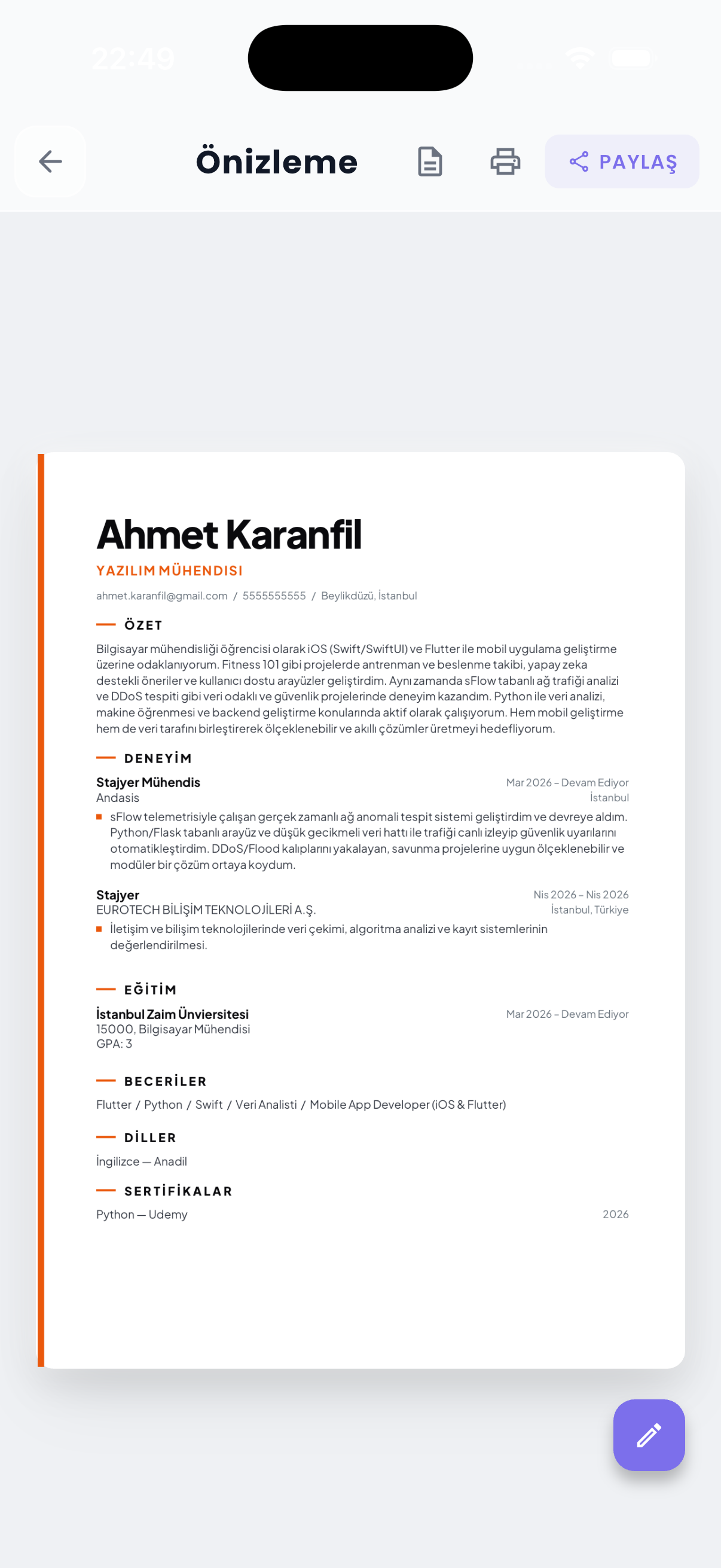 Modern CV şablonu önizlemesi