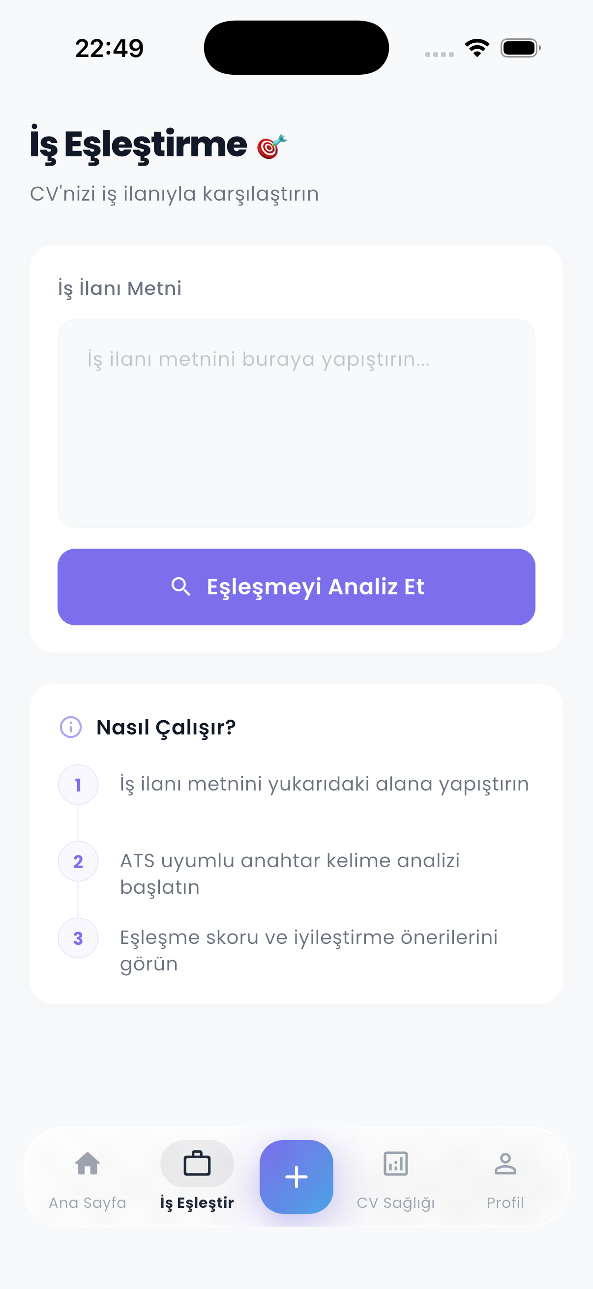 İş eşleştirme analizi ekranı