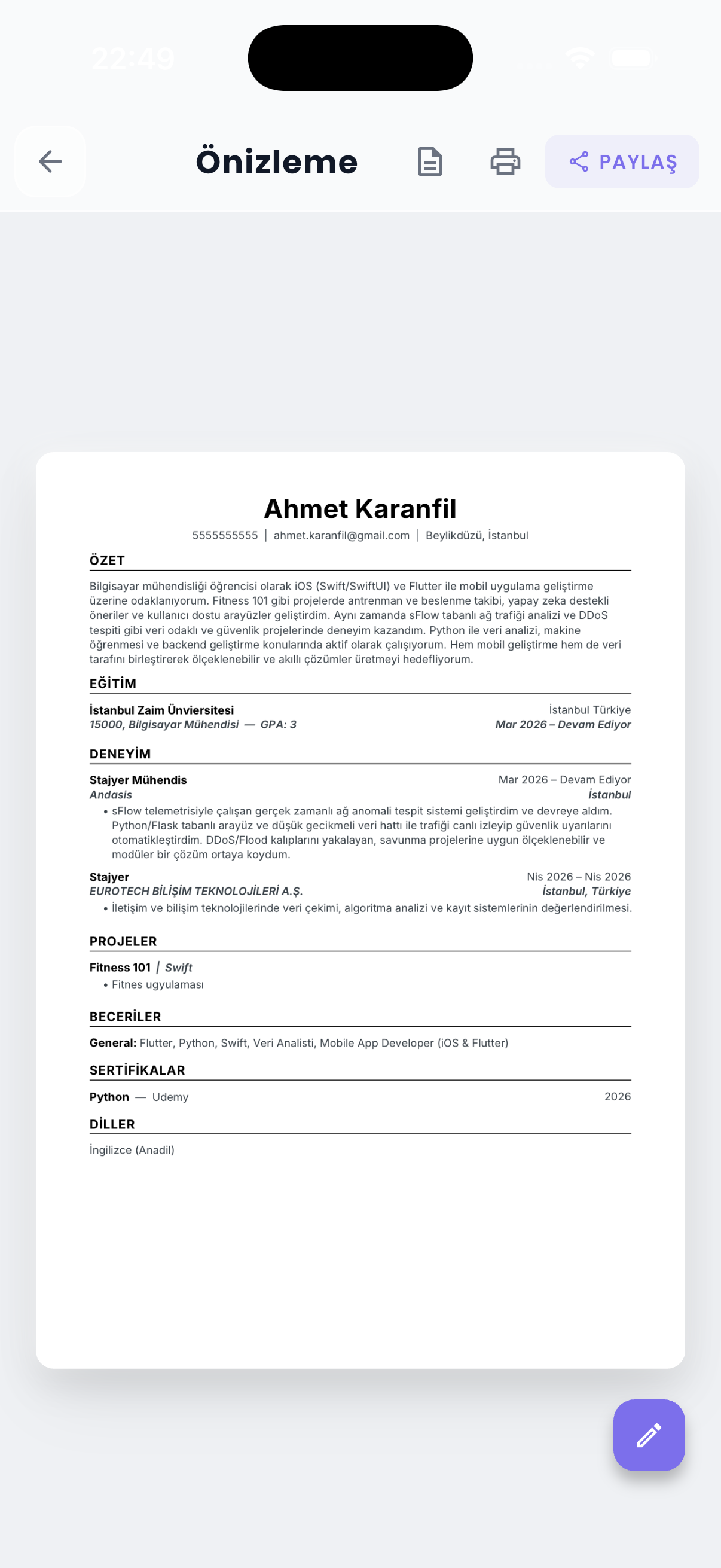 CV önizleme ekranı