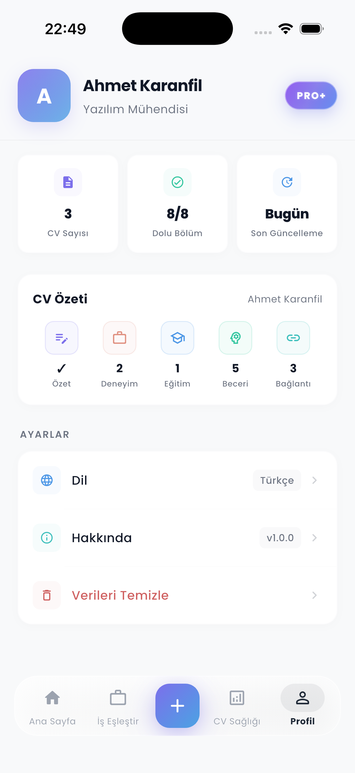 Profil ve istatistikler ekranı