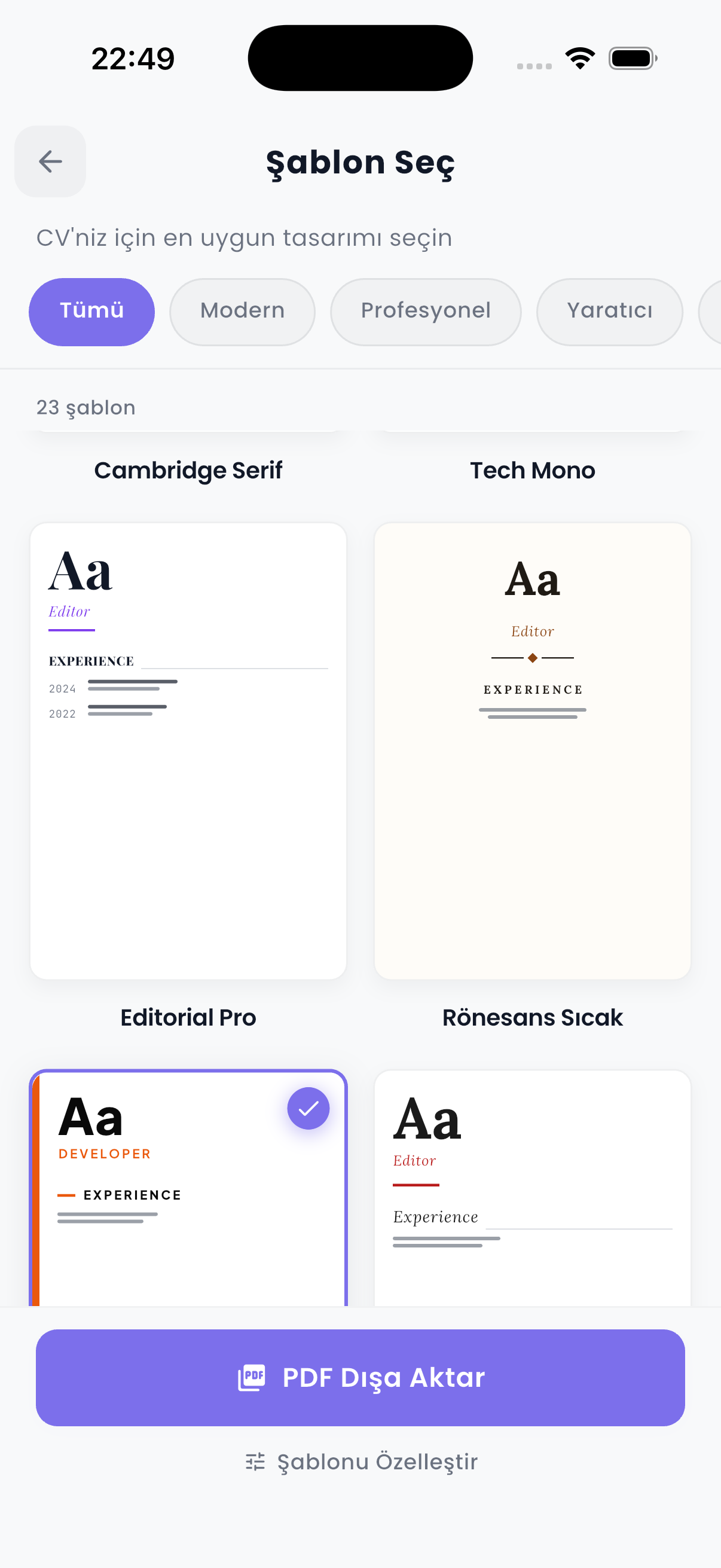 Şablon seçimi ekranı